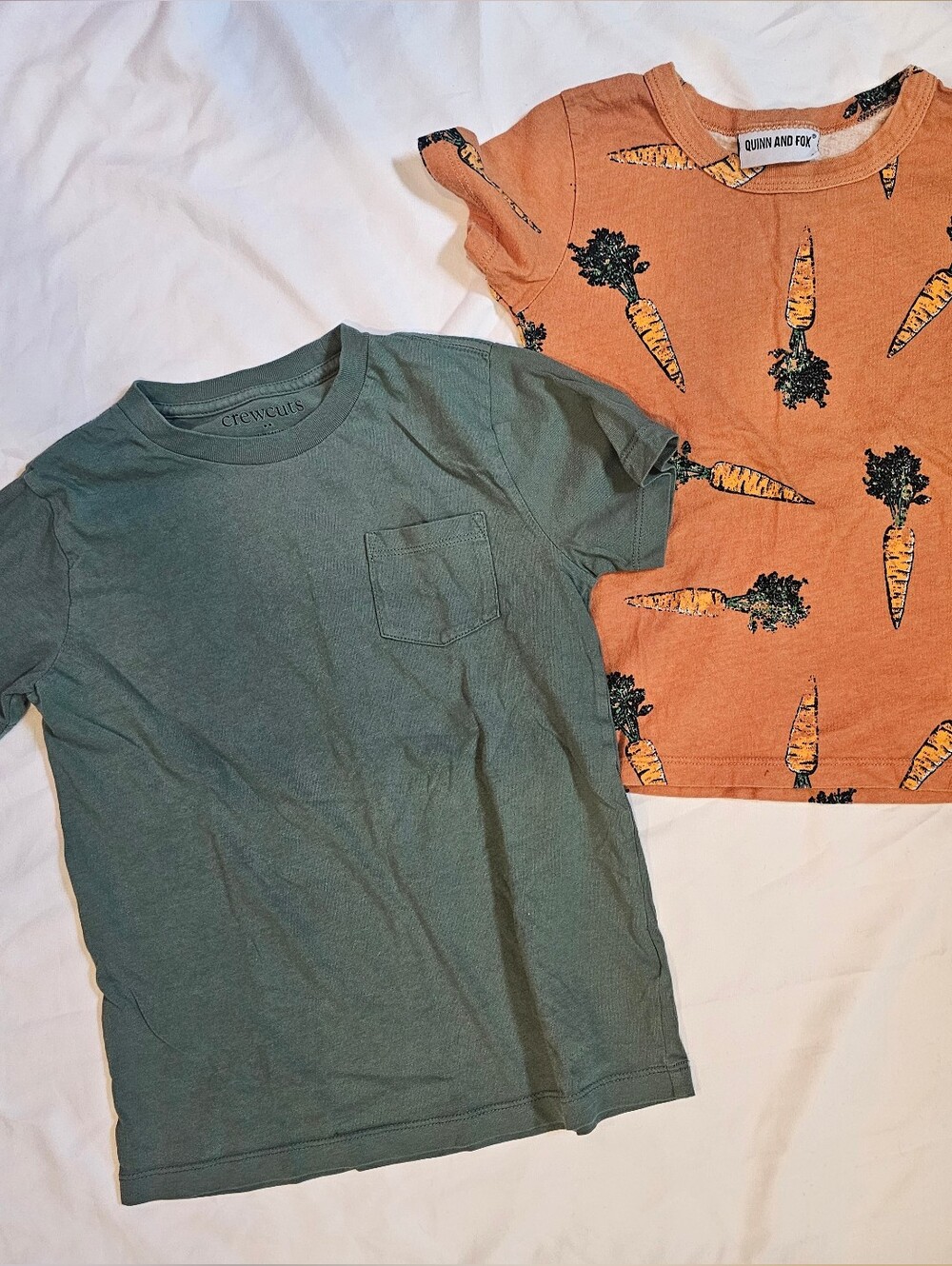 Set Of 2 Boys Tees- Crewcuts Sage Green Pocket Tee + Quinn & Fox Carrot Tee- 6/7
